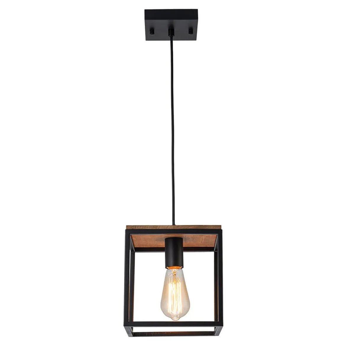 Aged Oak Iron Square Cage Single Kitchen Pendant Light