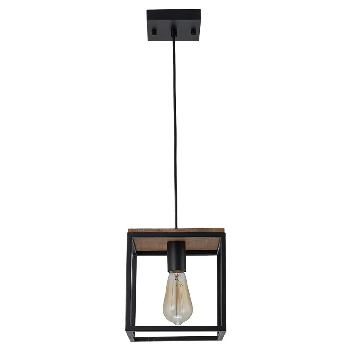 Aged Oak Iron Square Cage Single Kitchen Pendant Light