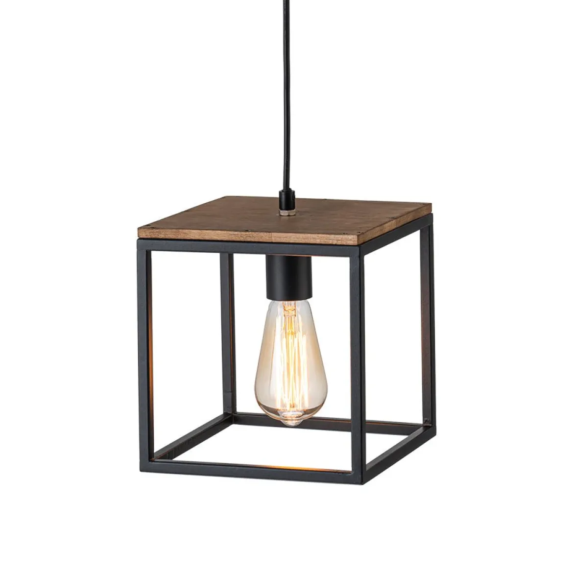 Aged Oak Iron Square Cage Single Kitchen Pendant Light