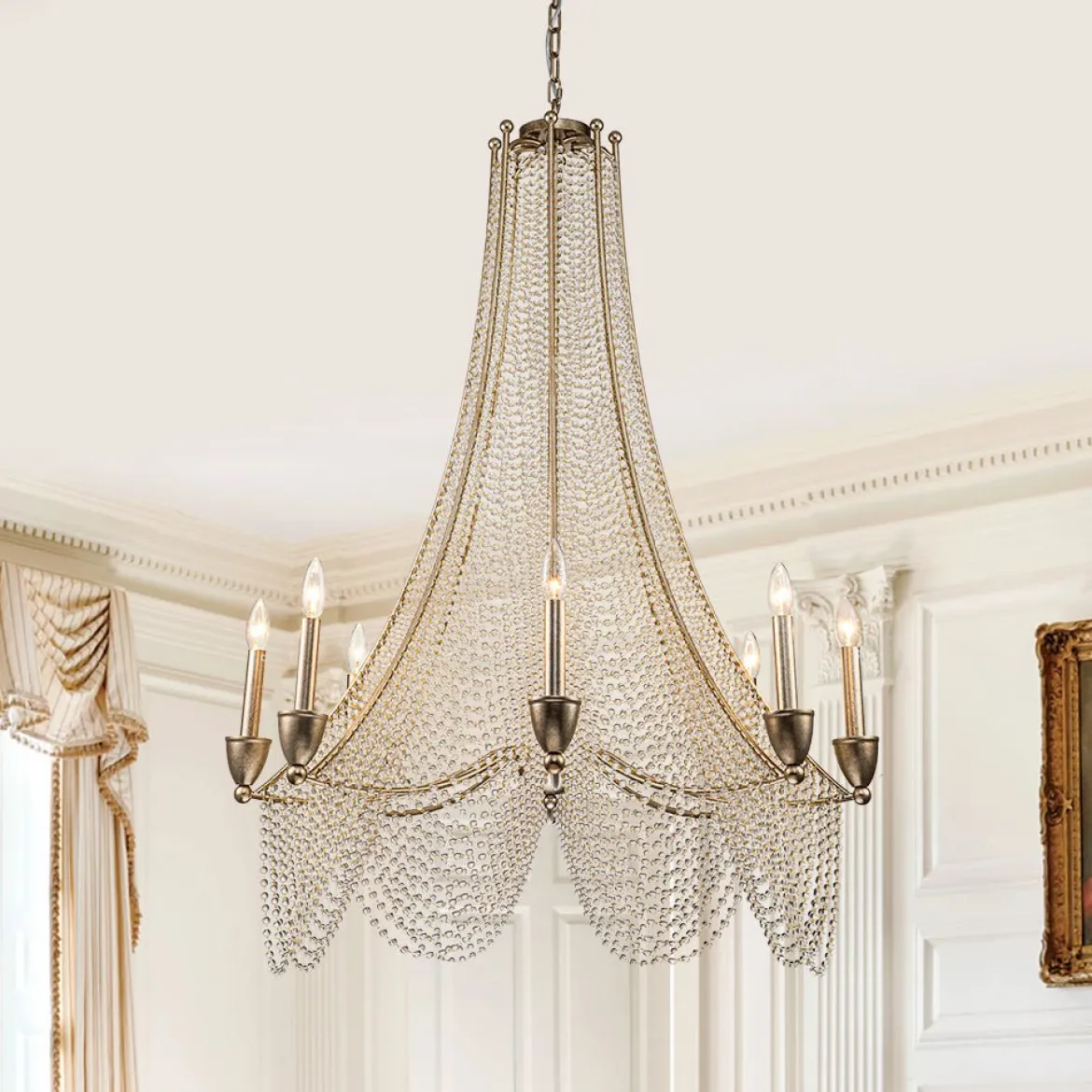 Antique Candle Style Crystal Bead Empire Chandelier