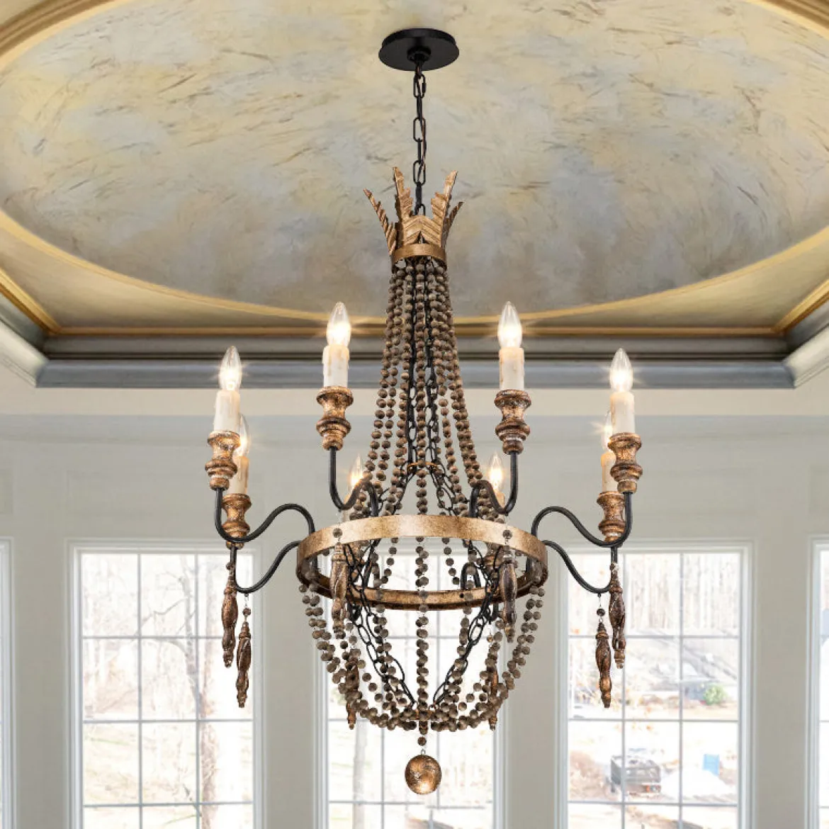 Antique Wood Beaded Empire Chandelier