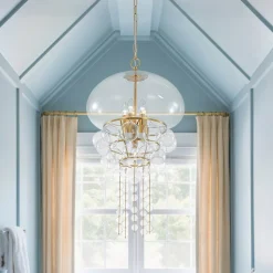 Art Deco Brass Tiered Clear Glass Jellyfish Style Chandelier