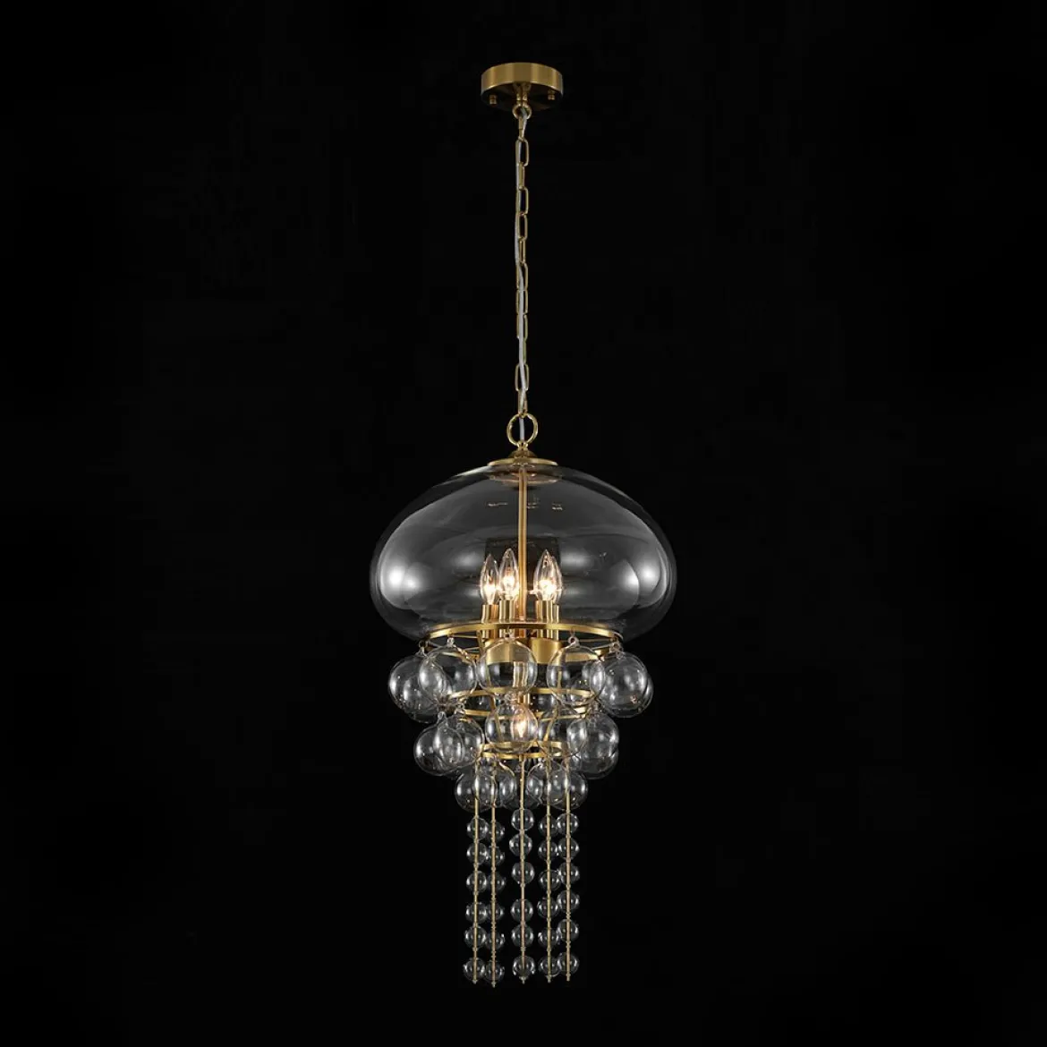 Art Deco Brass Tiered Clear Glass Jellyfish Style Chandelier