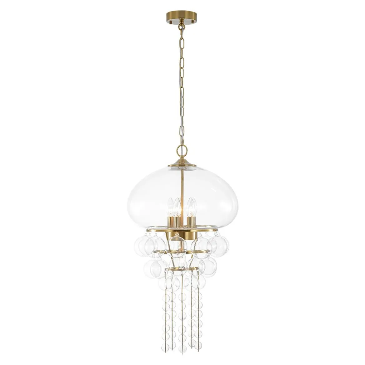 Art Deco Brass Tiered Clear Glass Jellyfish Style Chandelier