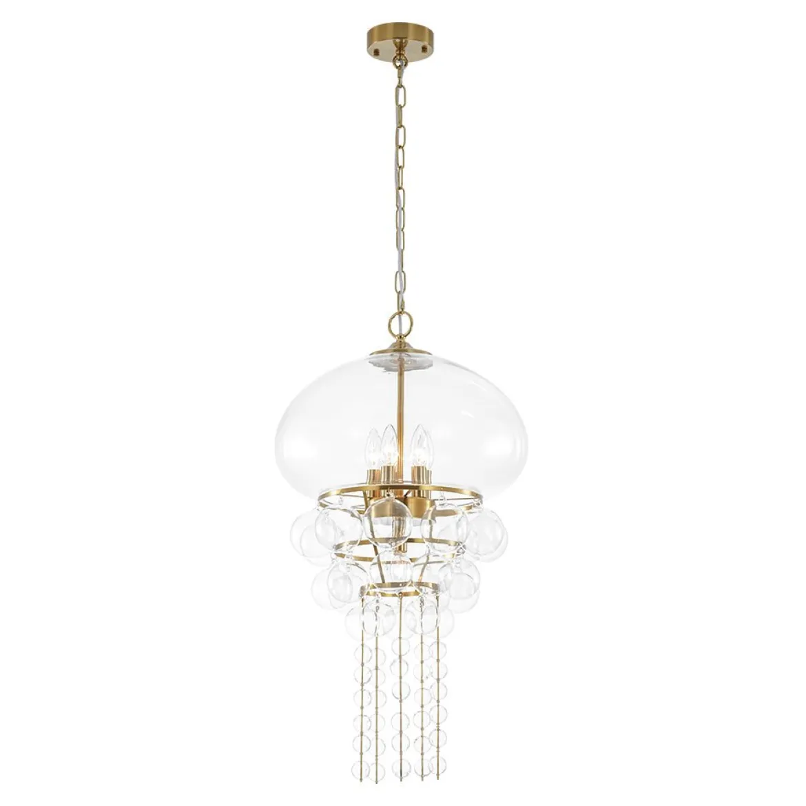 Art Deco Brass Tiered Clear Glass Jellyfish Style Chandelier