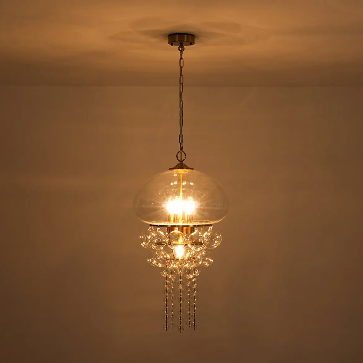 Art Deco Brass Tiered Clear Glass Jellyfish Style Chandelier
