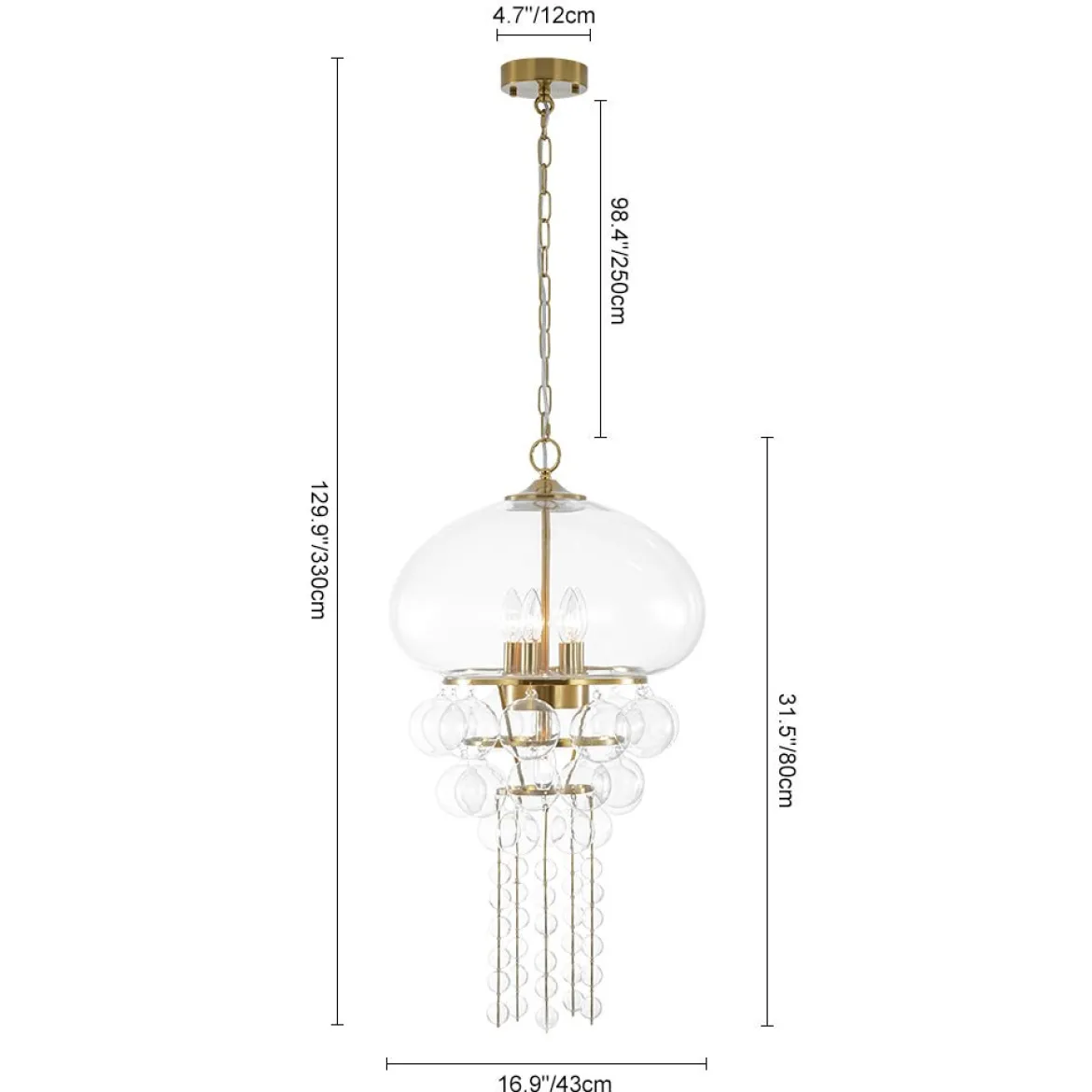 Art Deco Brass Tiered Clear Glass Jellyfish Style Chandelier