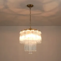 Art Deco Cluster Glass Textured Tube Round Tiered Chandelier