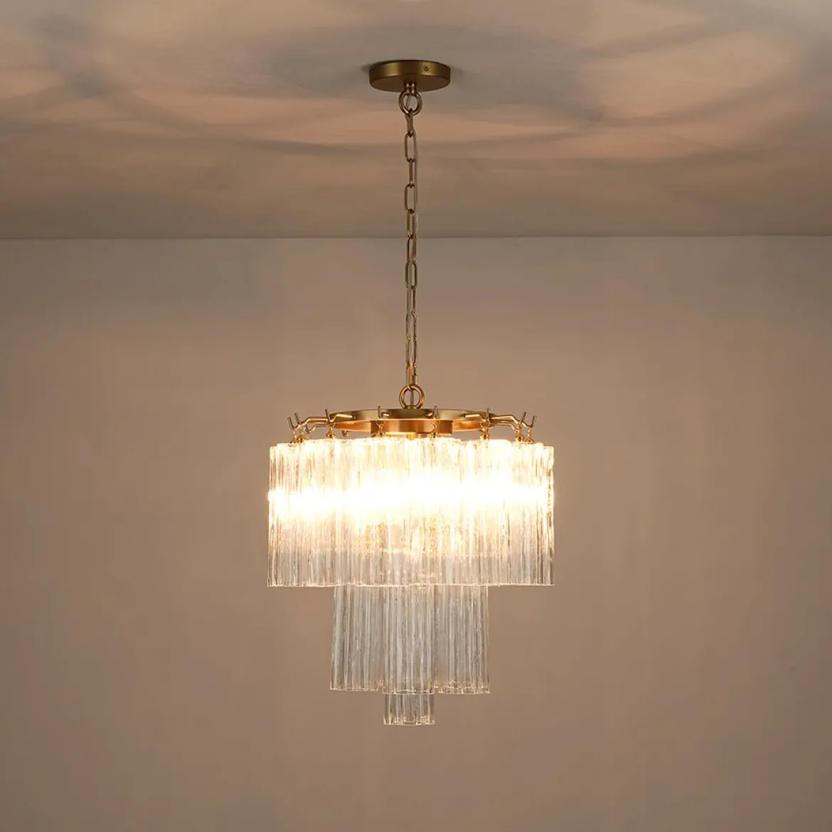 Art Deco Cluster Glass Textured Tube Round Tiered Chandelier