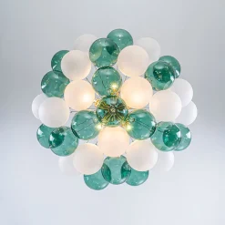 Art Deco Cluster Green Frosted White Glass Bubble Chandelier