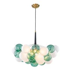 Art Deco Cluster Green Frosted White Glass Bubble Chandelier