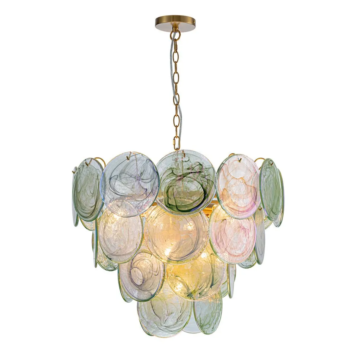 Art Deco Green Iridescent Swirl Glass Tiered Chandelier