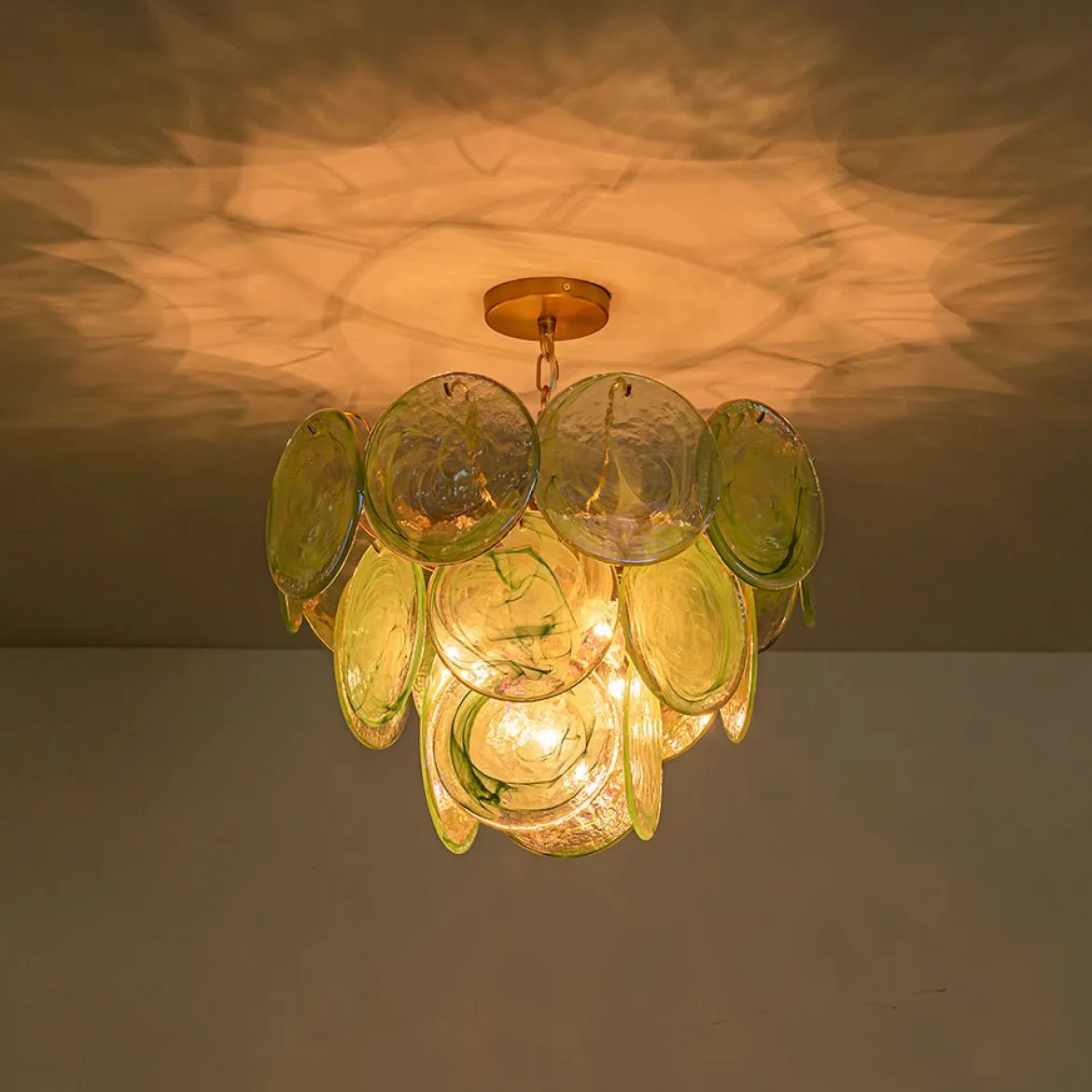 Art Deco Green Iridescent Swirl Glass Tiered Chandelier