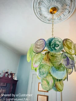 Art Deco Green Iridescent Swirl Glass Tiered Chandelier