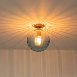 Art Deco 1-Light Blue Ribbed Glass Globe Semi Flush Mount