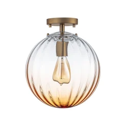 Art Deco 1-Light Blue Ribbed Glass Globe Semi Flush Mount