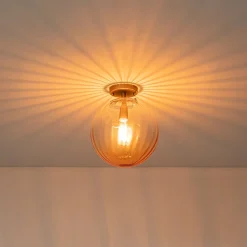 Art Deco 1-Light Blue Ribbed Glass Globe Semi Flush Mount