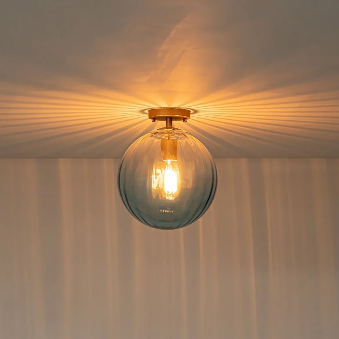 Art Deco 1-Light Blue Ribbed Glass Globe Semi Flush Mount