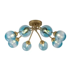 Art Deco 8-Light Sputnik Blue Glass Bubble Semi Flush Mount