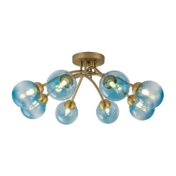 Art Deco 8-Light Sputnik Blue Glass Bubble Semi Flush Mount