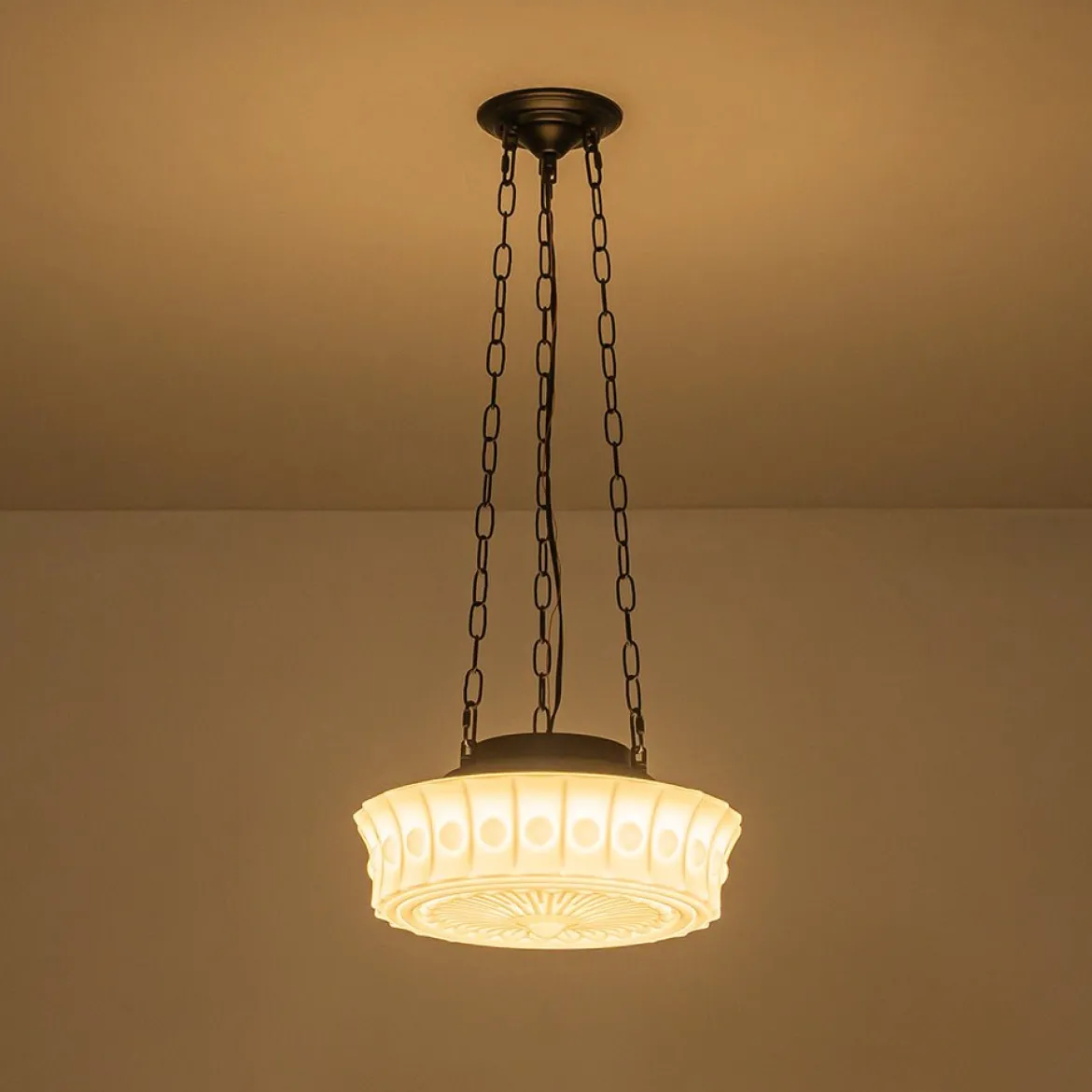 Art Deco Sculptural Milk Glass Schoolhouse LED Pendant
