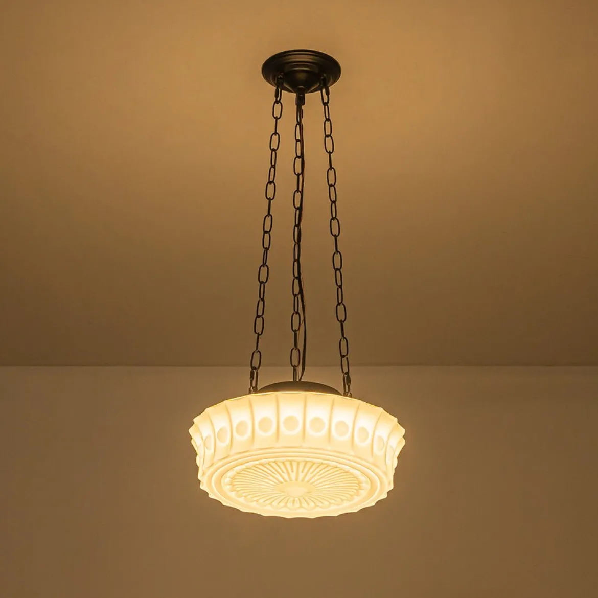 Art Deco Sculptural Milk Glass Schoolhouse LED Pendant