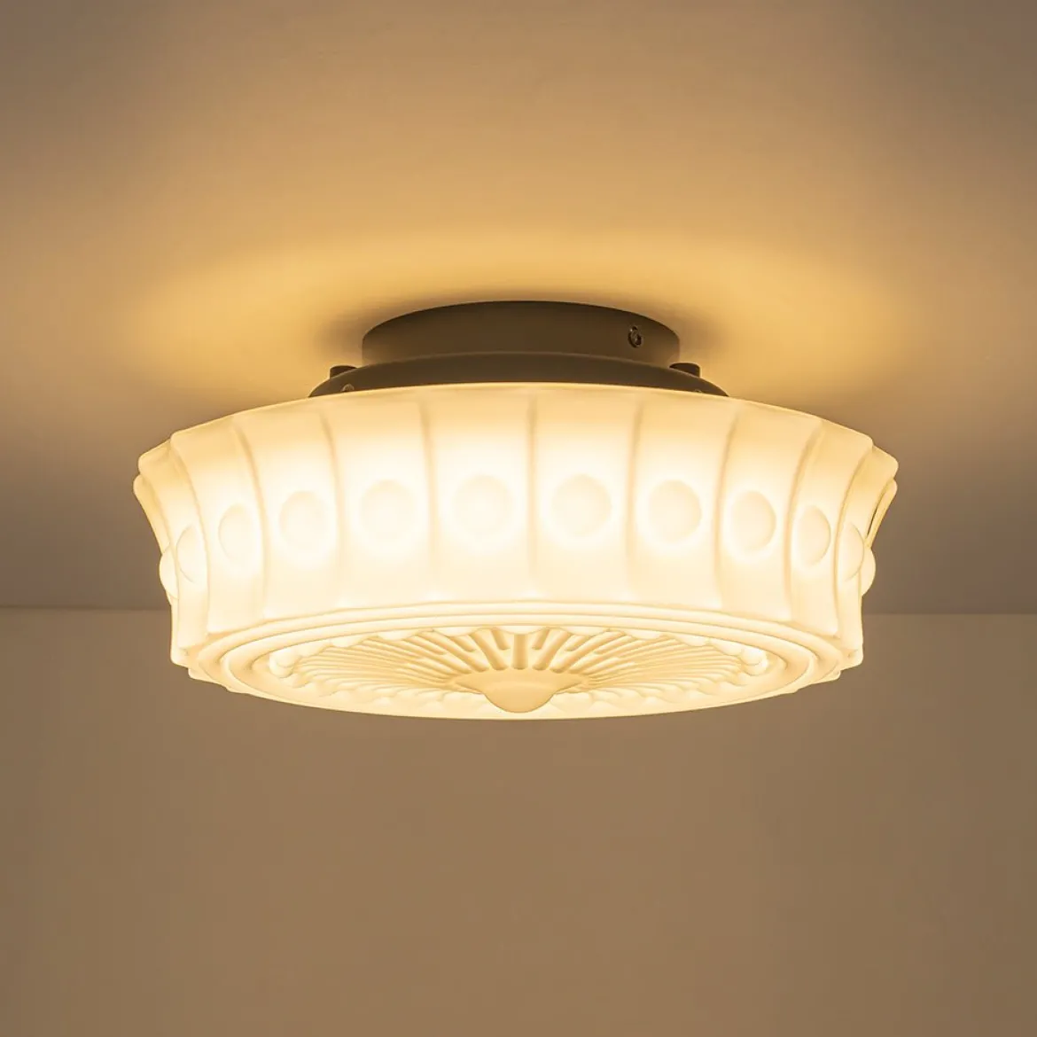 Art Deco Sculptural Milk Glass Schoolhouse LED Ceiling Light