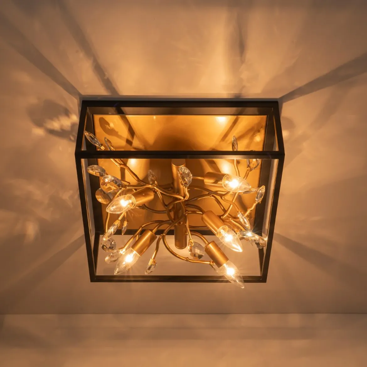 Black Brass Crystal Branch Square Lantern Flush Mount Light
