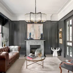 Black Brass 6-Light Rippled Glass Drum Cage Chandelier