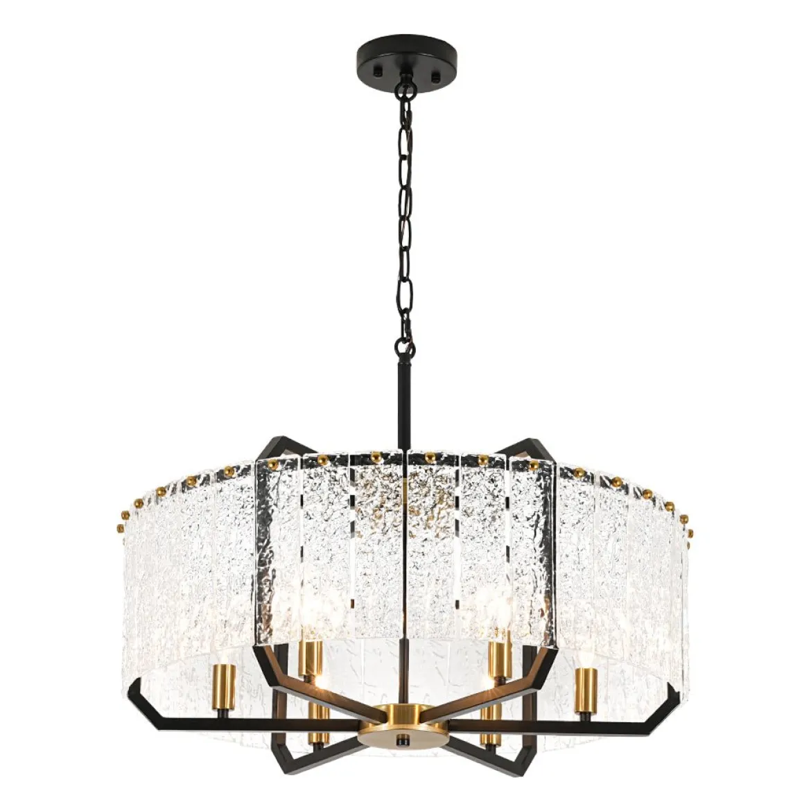 Black Brass 6-Light Rippled Glass Drum Cage Chandelier