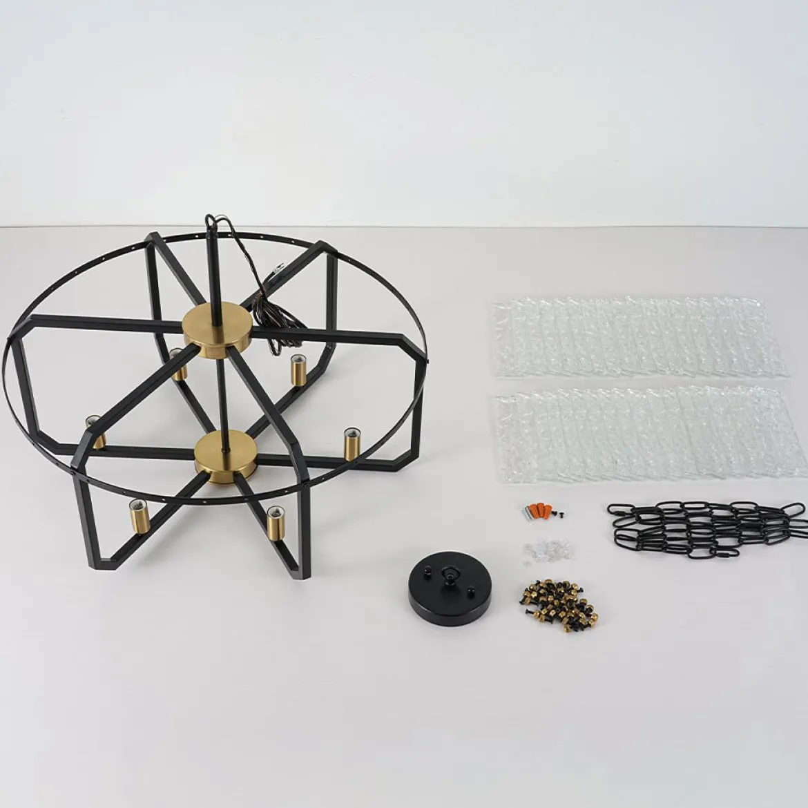 Black Brass 6-Light Rippled Glass Drum Cage Chandelier
