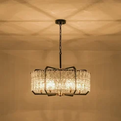 Black Brass 6-Light Rippled Glass Drum Cage Chandelier