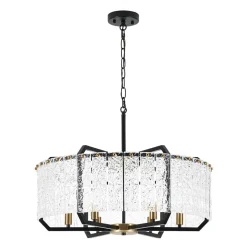 Black Brass 6-Light Rippled Glass Drum Cage Chandelier