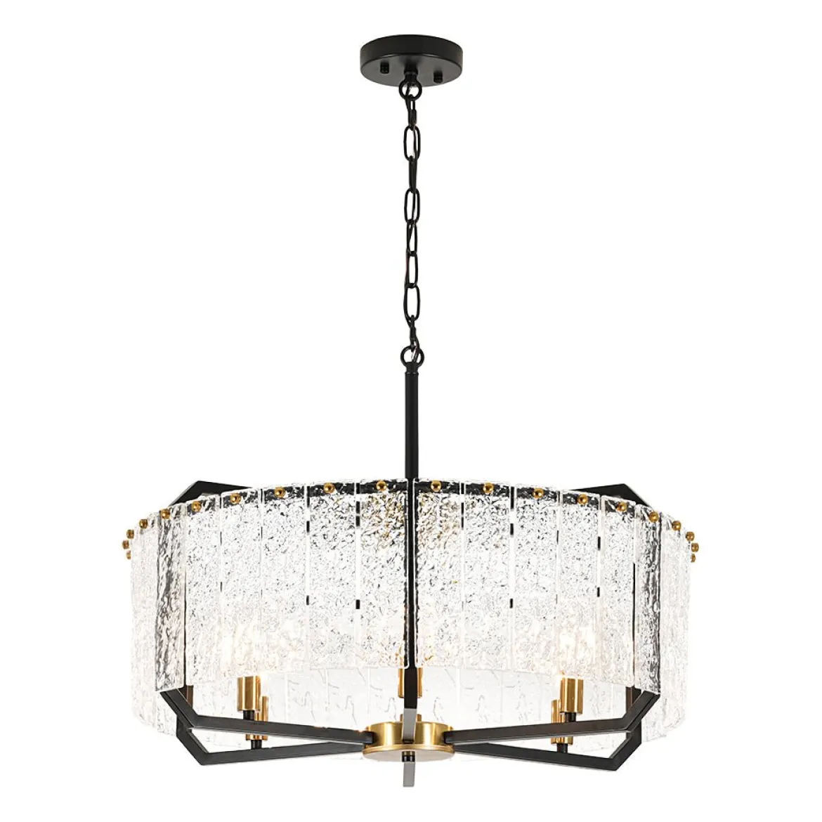Black Brass 6-Light Rippled Glass Drum Cage Chandelier