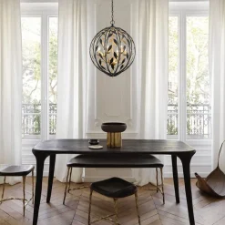 Black Gold Candle Style Leaf Vine Iron Orb Chandelier
