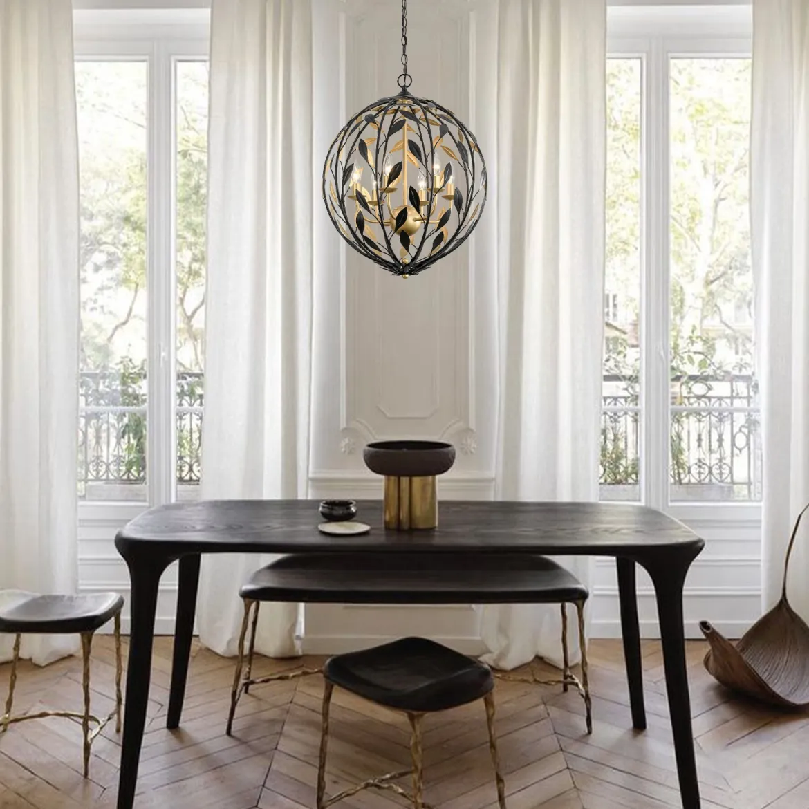 Black Gold Candle Style Leaf Vine Iron Orb Chandelier