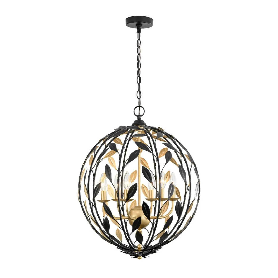 Black Gold Candle Style Leaf Vine Iron Orb Chandelier