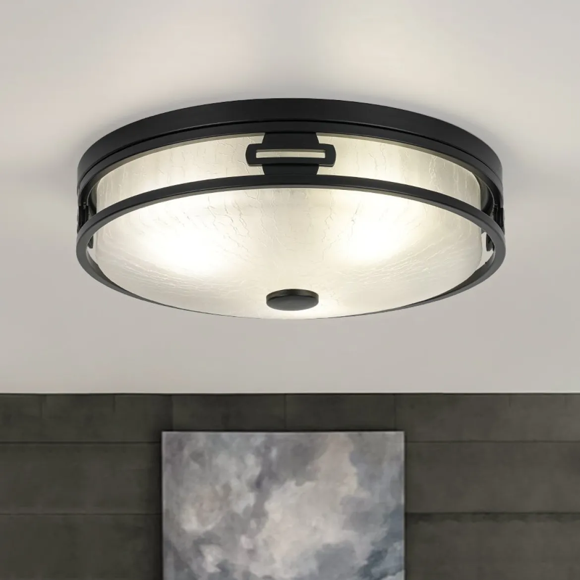 Black Round Frosted Crackled Glass Flush Mount Light