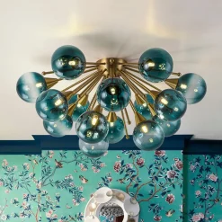 Bloom Blue Glass Bubble Round Sunburst Semi Flush Chandelier