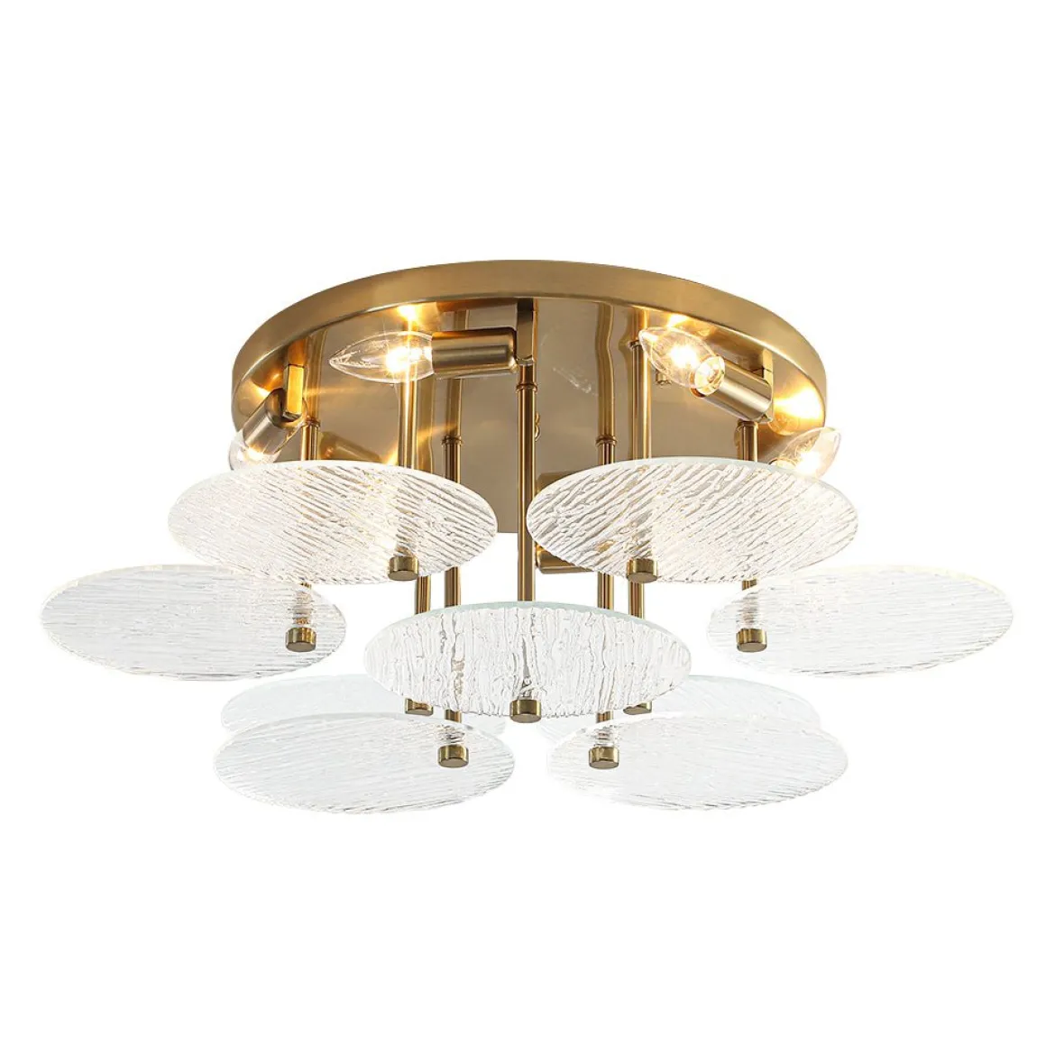 Bloom Brass 6-Light Tiered Rippled Glass Round Semi Flush Mount