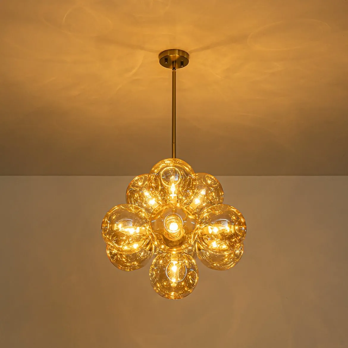 Bloom 10-Light Cluster Amber Glass Round Bubble Chandelier