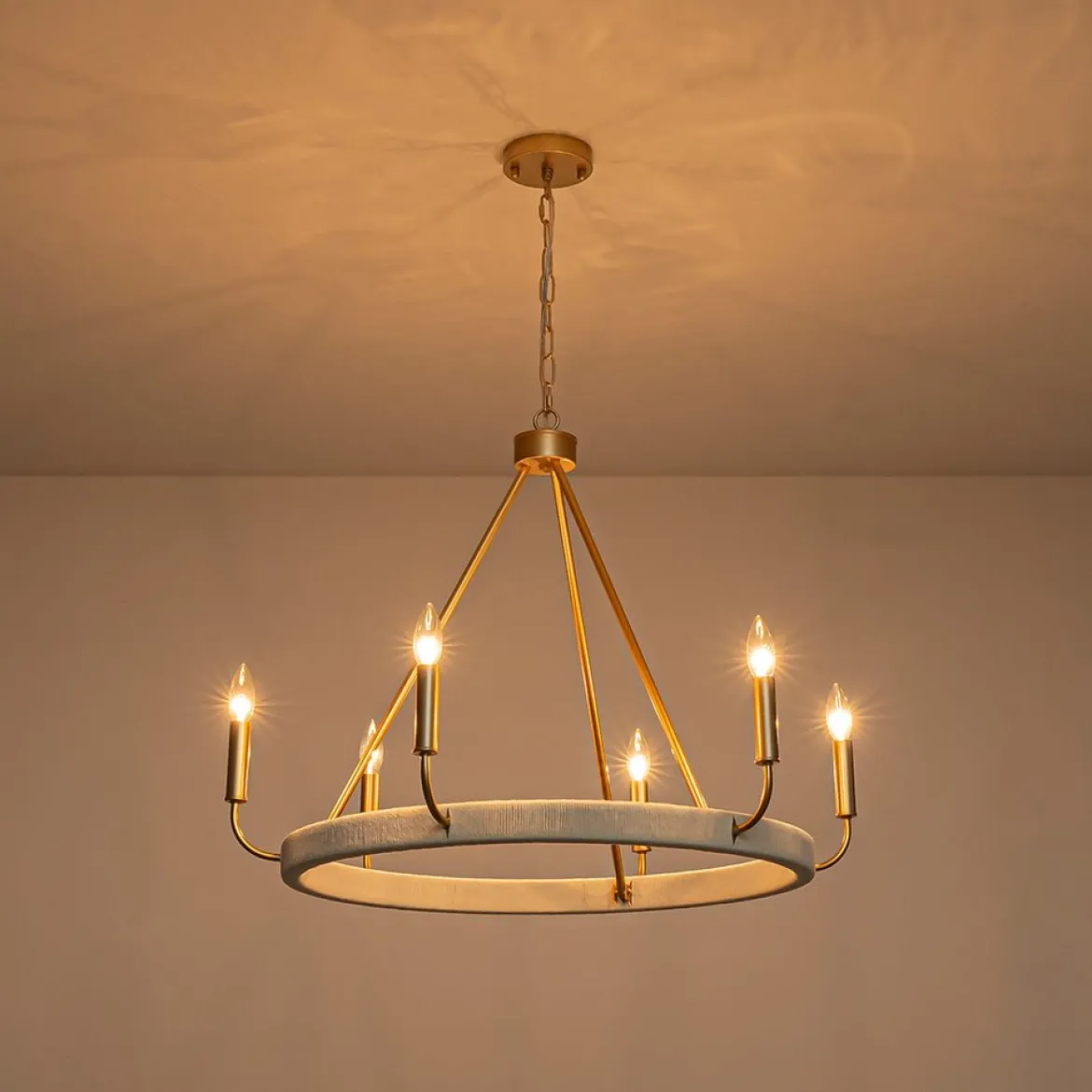 Boho 6-Light Woven String Candle Wagon Wheel Chandelier