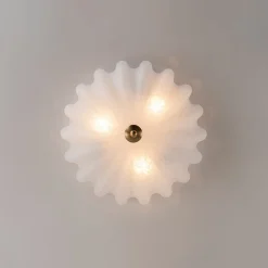 Boho Pleated Flower White Crackled Glass Semi Flush