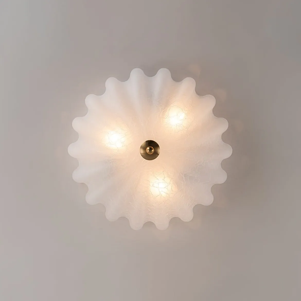 Boho Pleated Flower White Crackled Glass Semi Flush