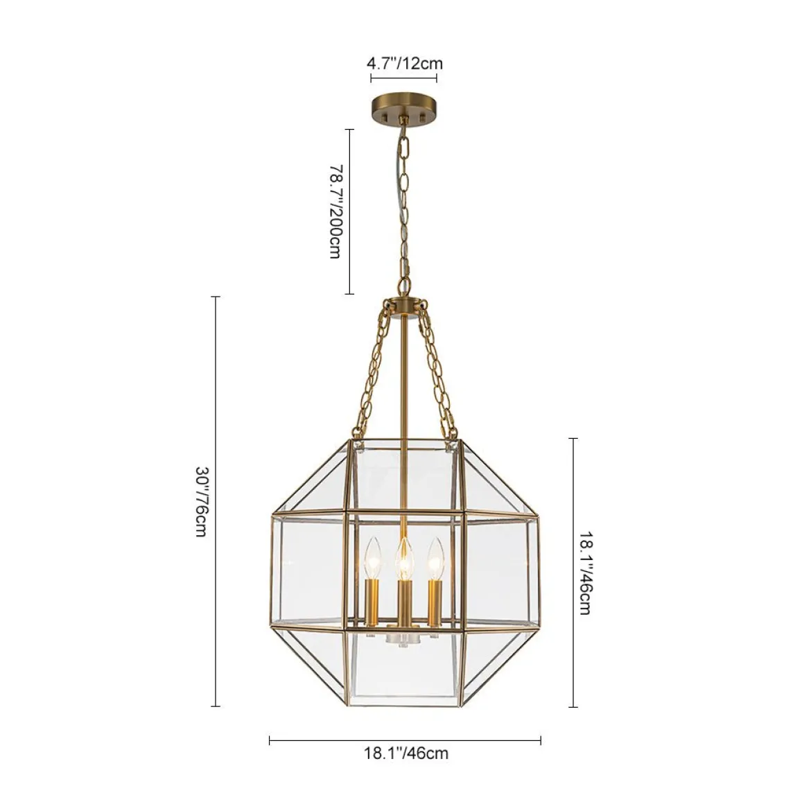 Brass Clear Glass Geometric Cube Lantern Pendant Light