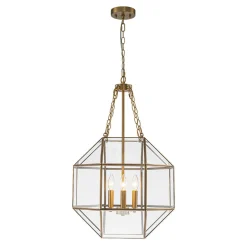 Brass Clear Glass Geometric Cube Lantern Pendant Light