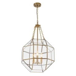 Brass Clear Glass Geometric Cube Lantern Pendant Light