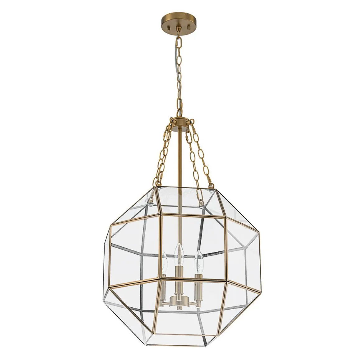 Brass Clear Glass Geometric Cube Lantern Pendant Light