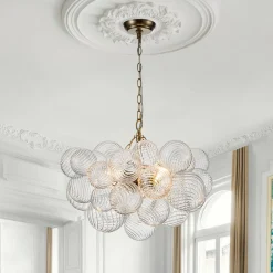 Brass Cluster Ribbed Glass Globe Bubble Chandelier