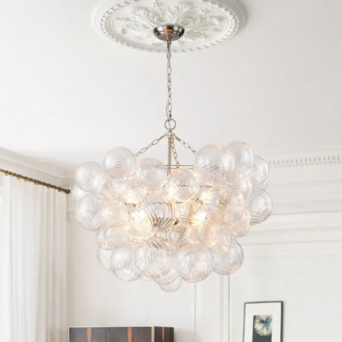 Brass Cluster Ribbed Glass Globe Bubble Chandelier